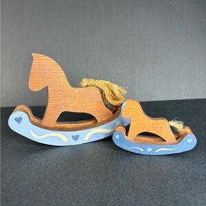 Vintage Wooden Rocking Horses with Blue Detail Heart Baby Nursery Cottagecore